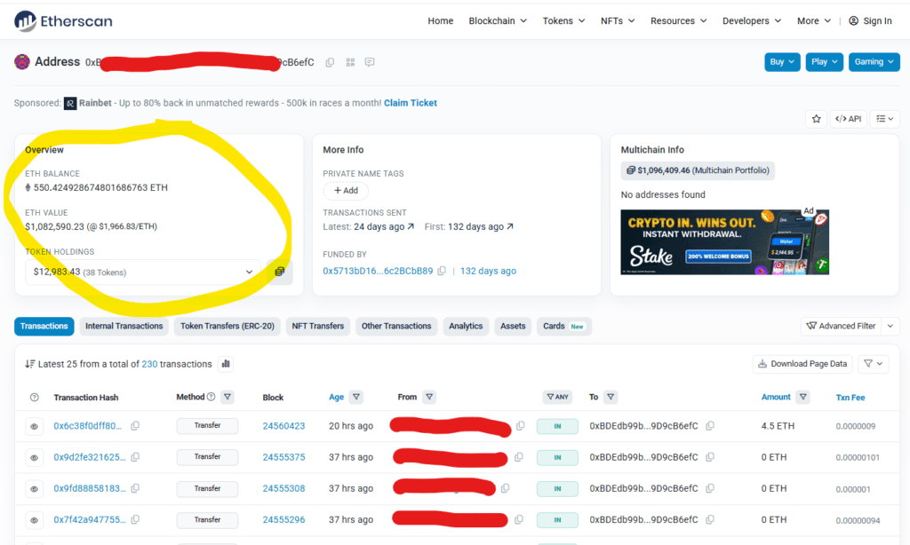 Etherscan screenshot showing cryptocurrency wallet with 550 ETH balance valued at over $1 million during crypto scam investigation