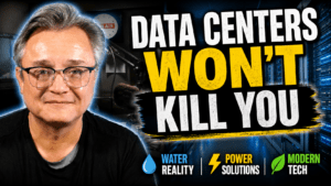 Tech Talk YouTube thumbnail featuring Dan Harley discussing AI data centers, infrastructure, water usage, and power myths with the headline “DATA CENTERS WON’T KILL YOU”.