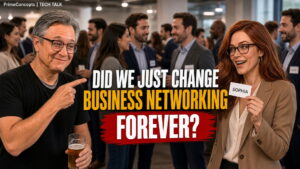 Dan Harley and Sophia testing AI business networking at a real-world networking event